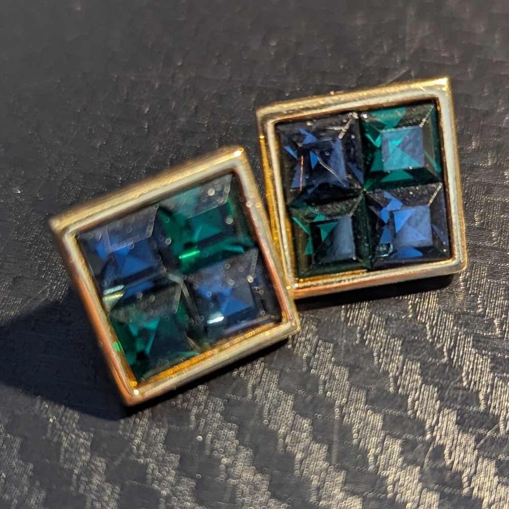 Swarovski Elegant Gold and Blue-Green Square Earrings